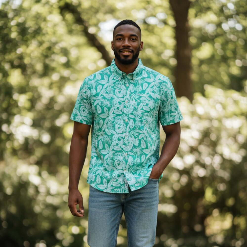 Banana Republic Green Hawaiian Button Down Short Sleeve Men Shirt
